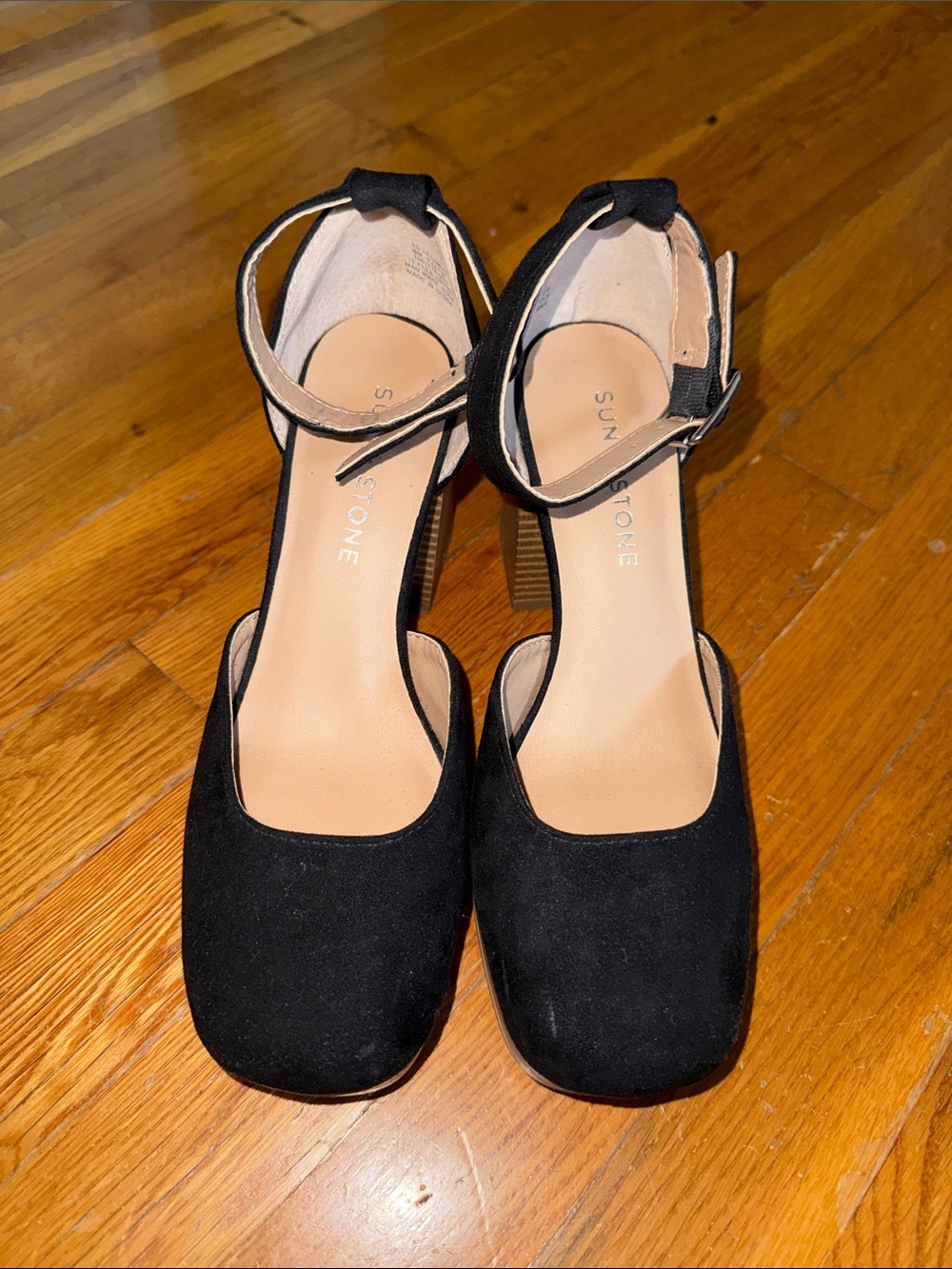 Sun + Stone Black Ankle-Strap Square-Toe Block Heels